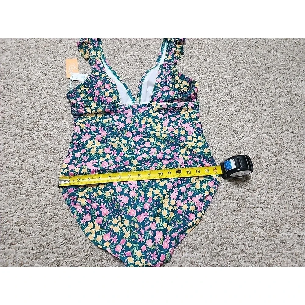 Kona Sol Green Pink Yellow Floral Deep V One Piece Bathing Swim Suit Large NWT